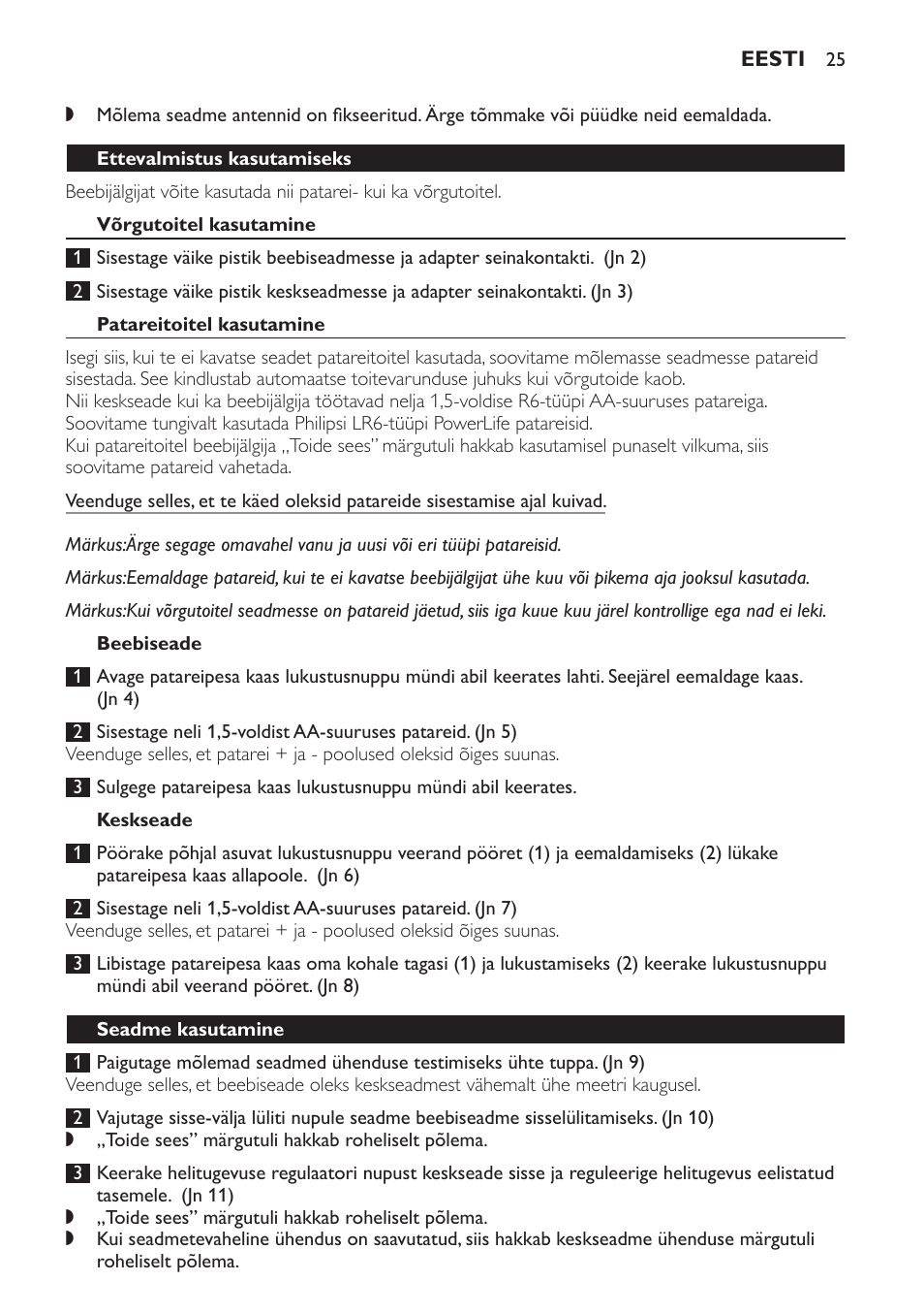 Ettevalmistus kasutamiseks, Võrgutoitel kasutamine, Patareitoitel kasutamine | Beebiseade, Keskseade, Seadme kasutamine | Philips SCX463 User Manual | Page 25 / 102