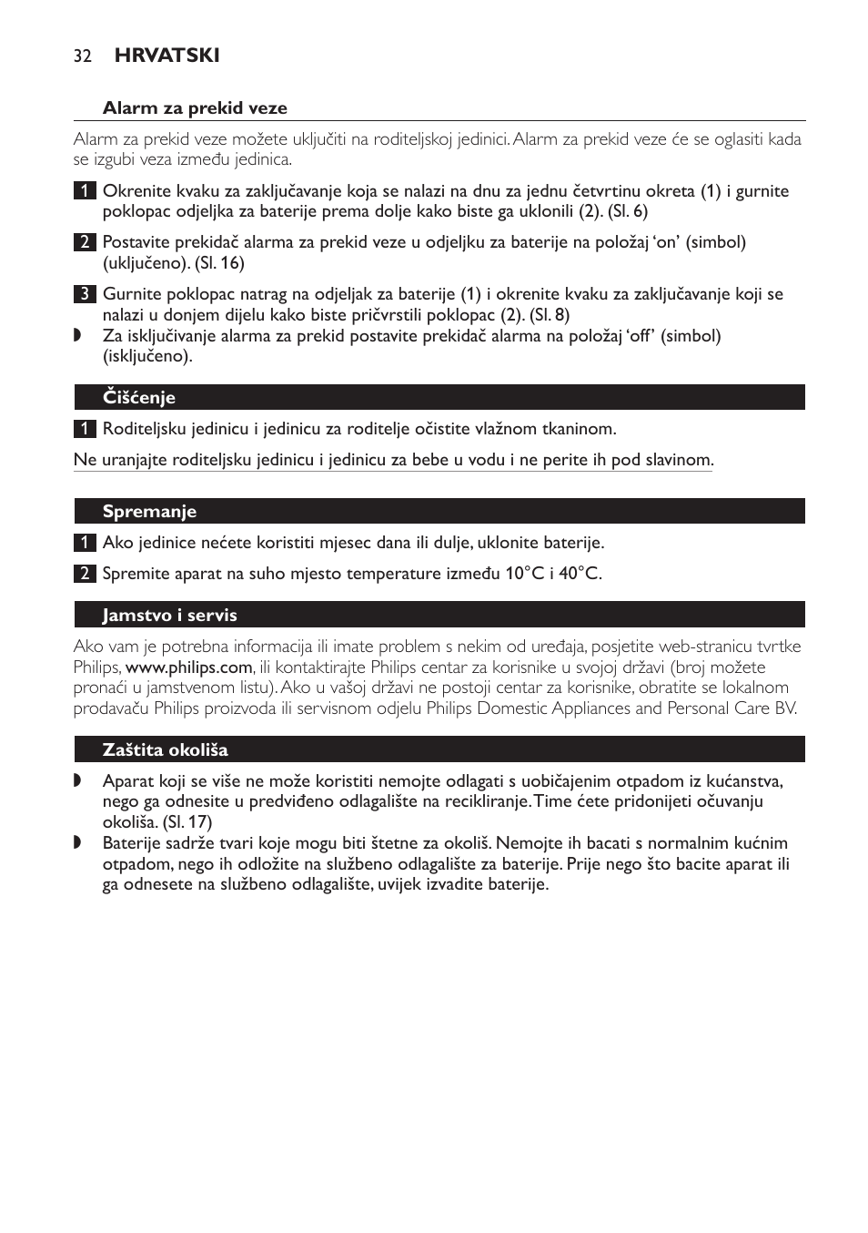 Alarm za prekid veze, Čišćenje, Spremanje | Jamstvo i servis, Zaštita okoliša, Često postavljana pitanja | Philips SCX463 User Manual | Page 32 / 102