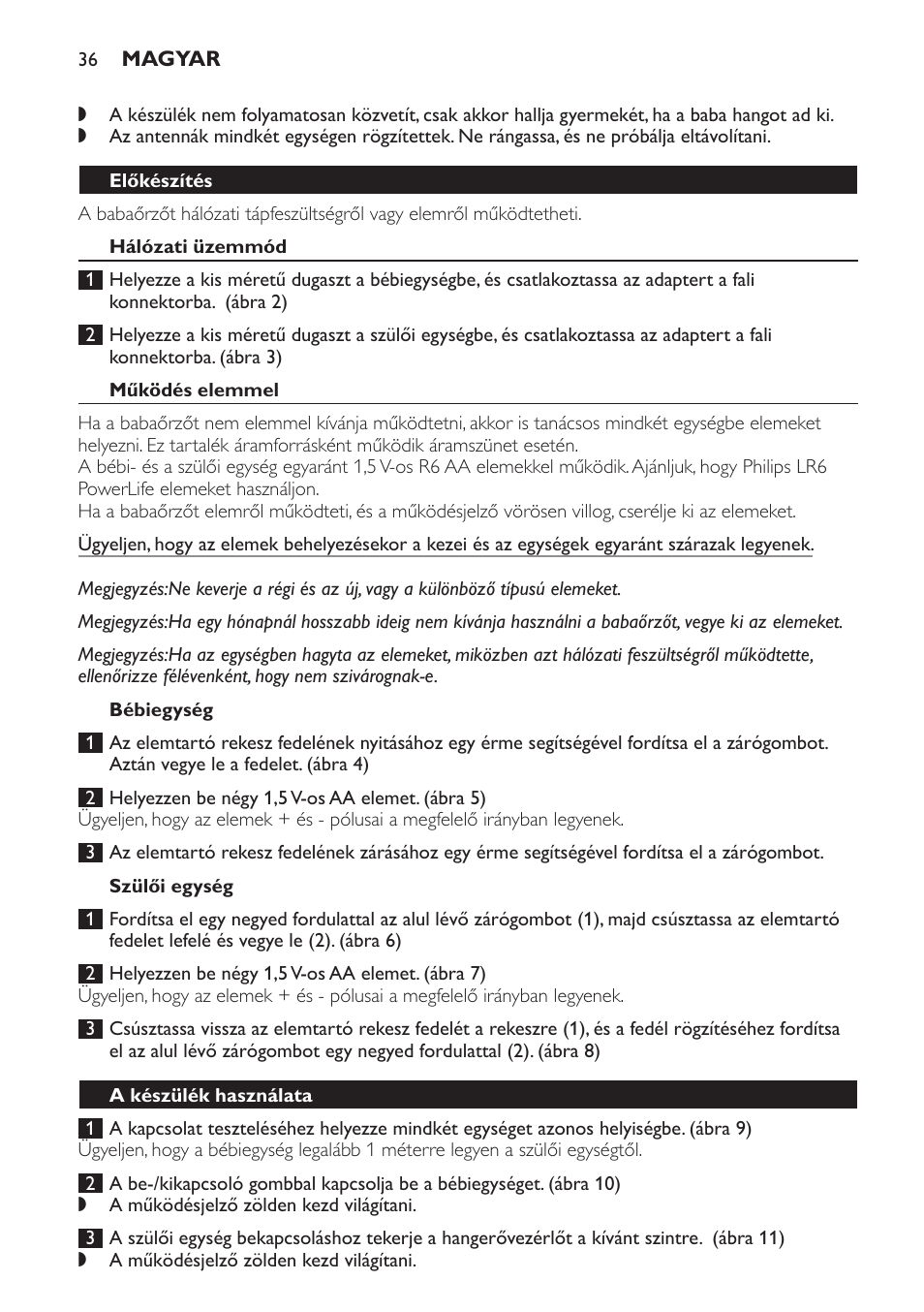 Előkészítés, Hálózati üzemmód, Működés elemmel | Bébiegység, Szülői egység, A készülék használata | Philips SCX463 User Manual | Page 36 / 102