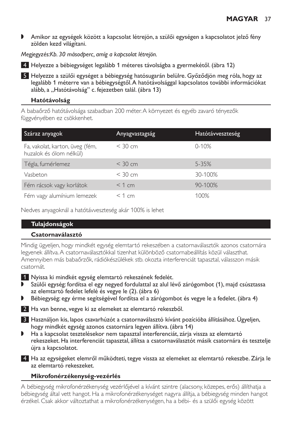 Hatótávolság, Tulajdonságok, Csatornaválasztó | Philips SCX463 User Manual | Page 37 / 102