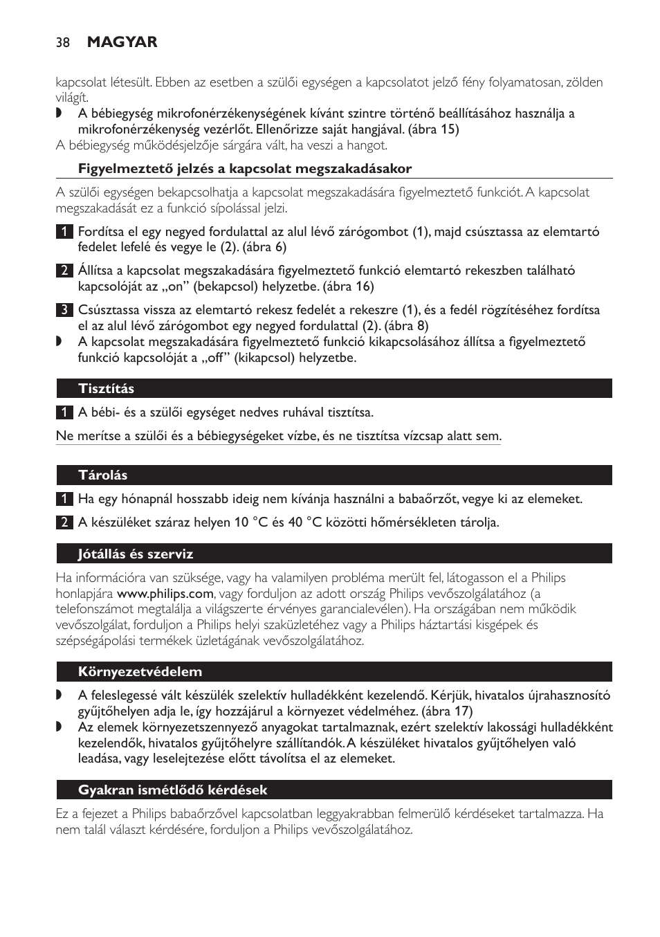 Mikrofonérzékenység-vezérlés, Figyelmeztető jelzés a kapcsolat megszakadásakor, Tisztítás | Tárolás, Jótállás és szerviz, Környezetvédelem, Gyakran ismétlődő kérdések | Philips SCX463 User Manual | Page 38 / 102