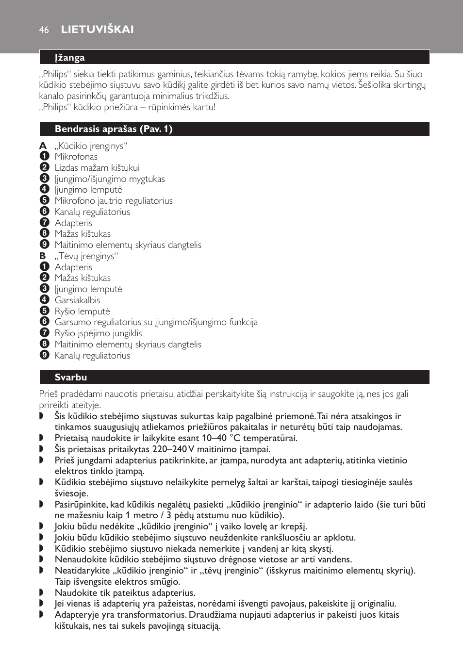 Lietuviškai, Įžanga, Bendrasis aprašas﻿ (pav. 1) | Svarbu | Philips SCX463 User Manual | Page 46 / 102