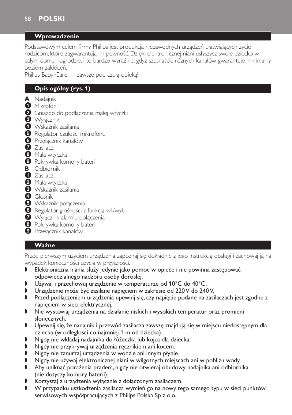 Polski, Wprowadzenie, Opis ogólny﻿ (rys. 1) | Ważne | Philips SCX463 User Manual | Page 58 / 102