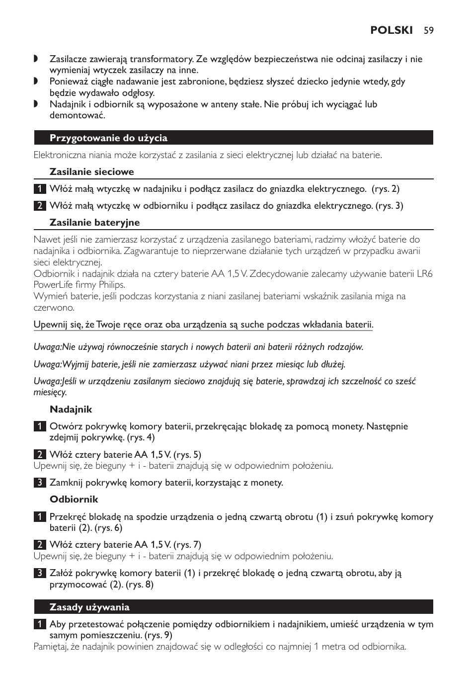 Przygotowanie do użycia, Zasilanie sieciowe, Zasilanie bateryjne | Nadajnik, Odbiornik, Zasady używania | Philips SCX463 User Manual | Page 59 / 102
