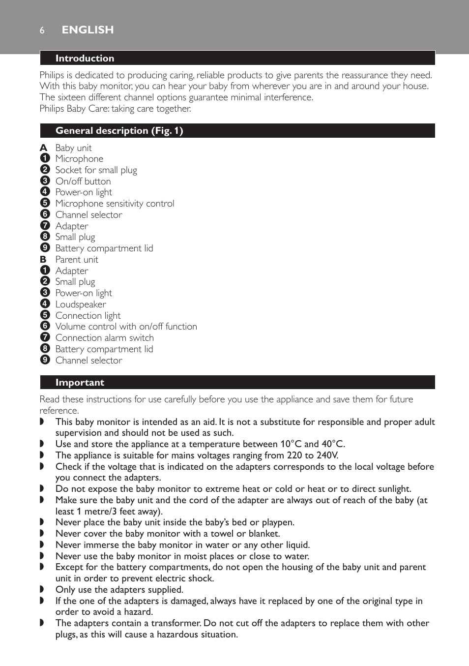 English, Introduction, General description﻿ (fig. 1) | Important | Philips SCX463 User Manual | Page 6 / 102