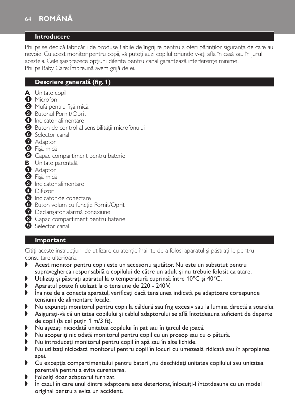 Română, Introducere, Descriere generală﻿ (fig. 1) | Important | Philips SCX463 User Manual | Page 64 / 102