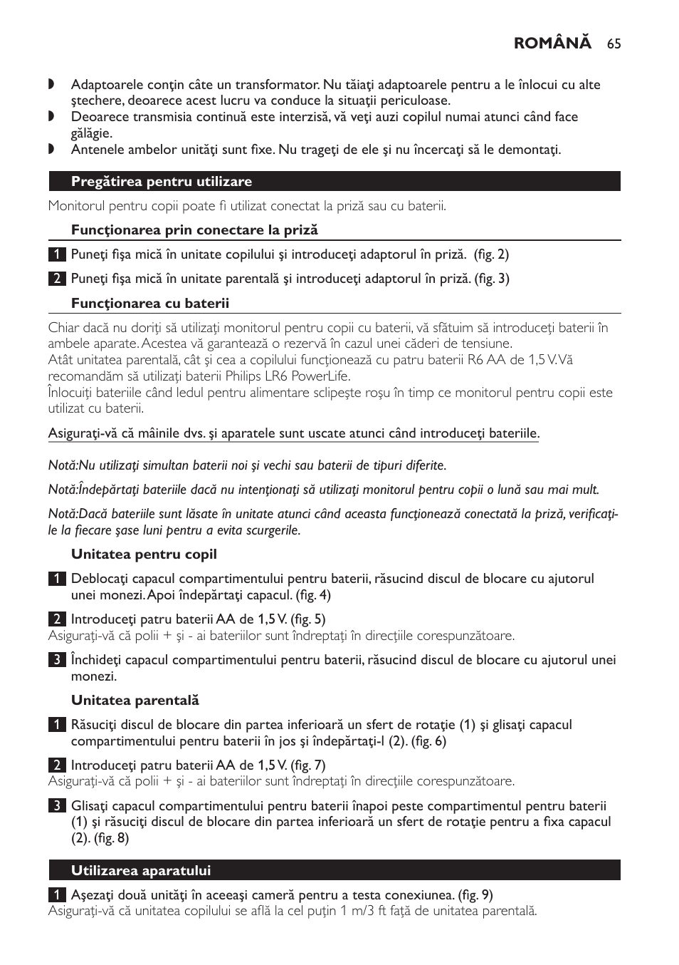 Pregătirea pentru utilizare, Funcţionarea prin conectare la priză, Funcţionarea cu baterii | Unitatea pentru copil, Unitatea parentală, Utilizarea aparatului | Philips SCX463 User Manual | Page 65 / 102