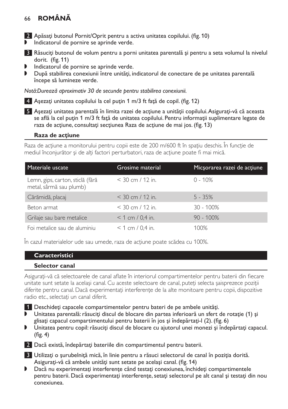 Raza de acţiune, Caracteristici, Selector canal | Philips SCX463 User Manual | Page 66 / 102