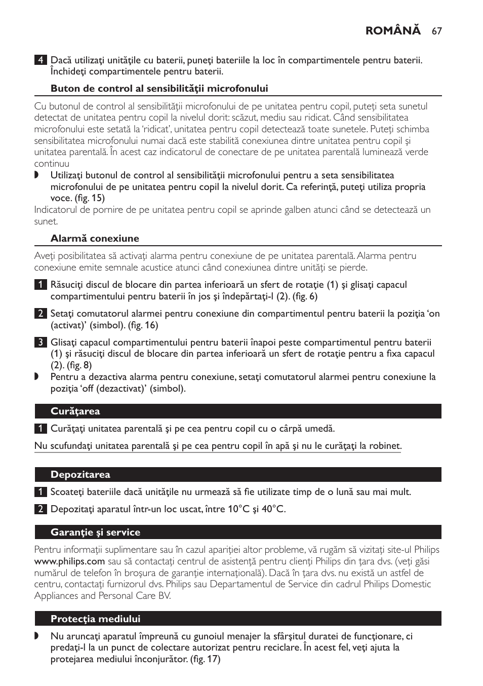 Buton de control al sensibilităţii microfonului, Alarmă conexiune, Curăţarea | Depozitarea, Garanţie şi service, Protecţia mediului | Philips SCX463 User Manual | Page 67 / 102