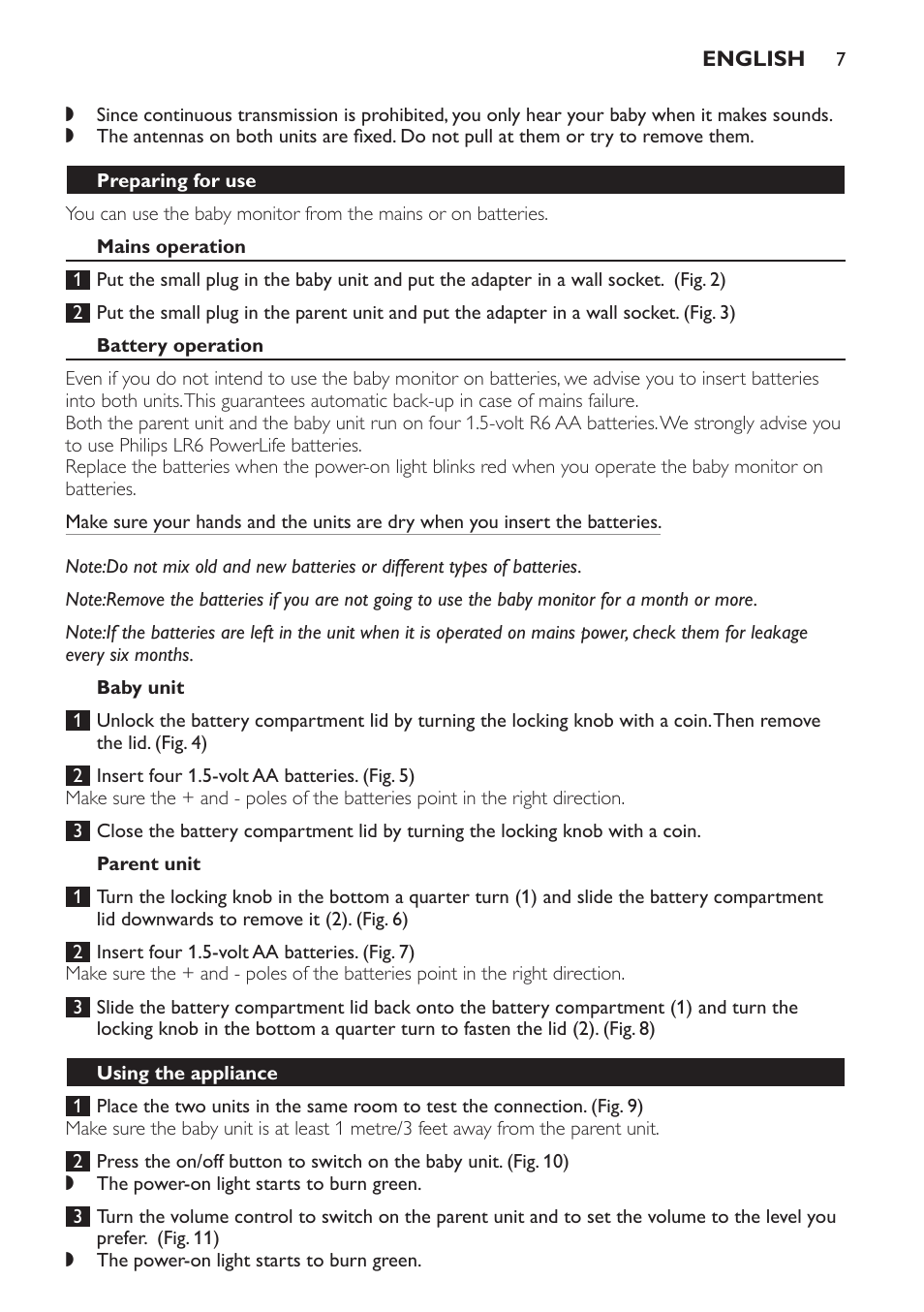 Preparing for use, Mains operation, Battery operation | Baby unit, Parent unit, Using the appliance | Philips SCX463 User Manual | Page 7 / 102