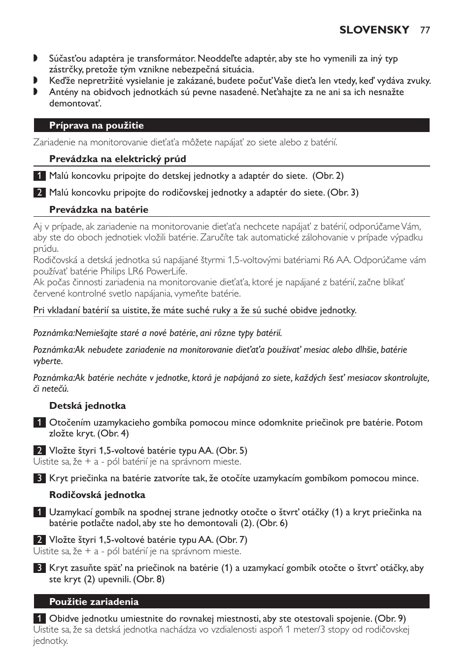 Príprava na použitie, Prevádzka na elektrický prúd, Prevádzka na batérie | Detská jednotka, Rodičovská jednotka, Použitie zariadenia | Philips SCX463 User Manual | Page 77 / 102