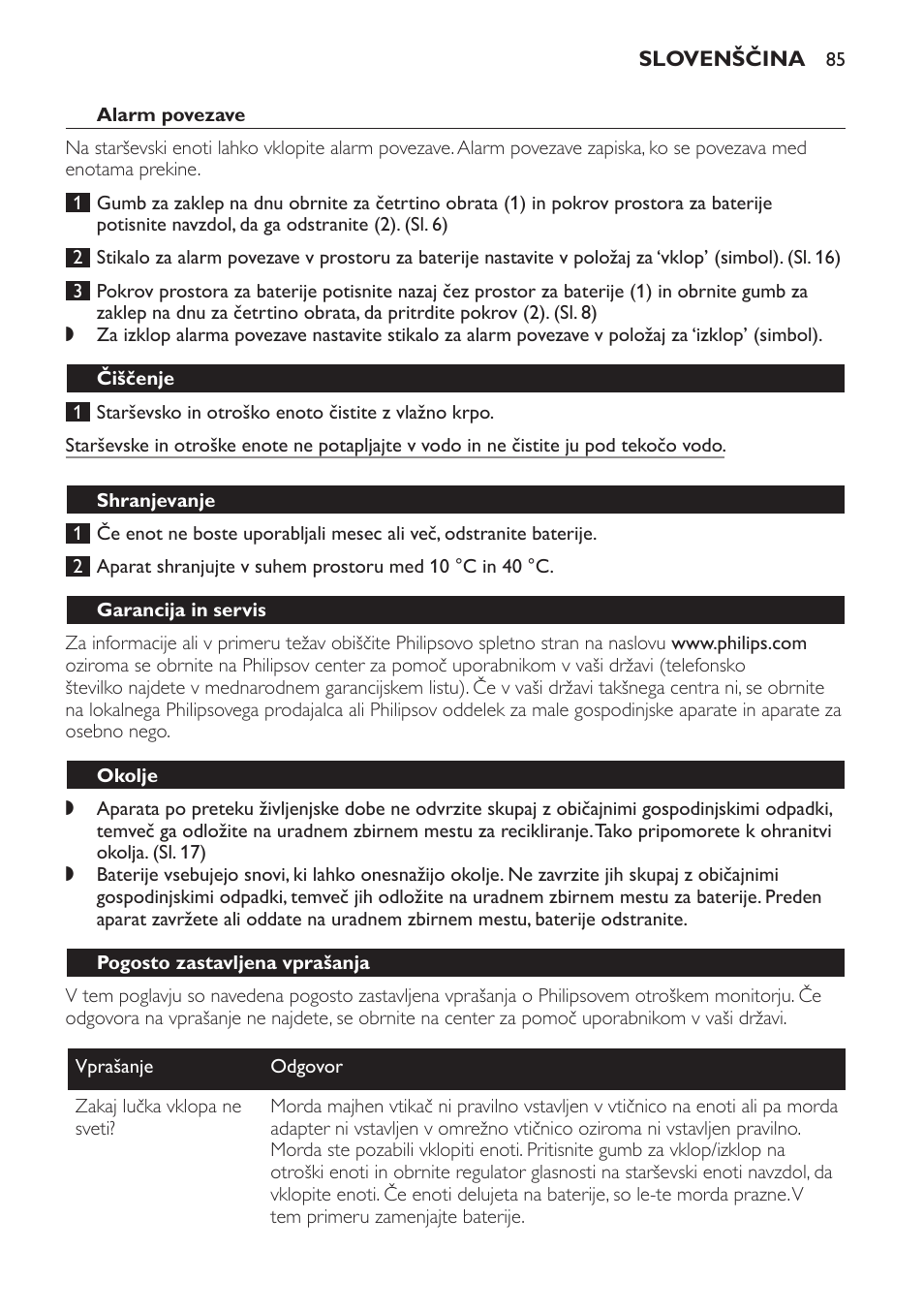 Alarm povezave, Čiščenje, Shranjevanje | Garancija in servis, Okolje, Pogosto zastavljena vprašanja | Philips SCX463 User Manual | Page 85 / 102