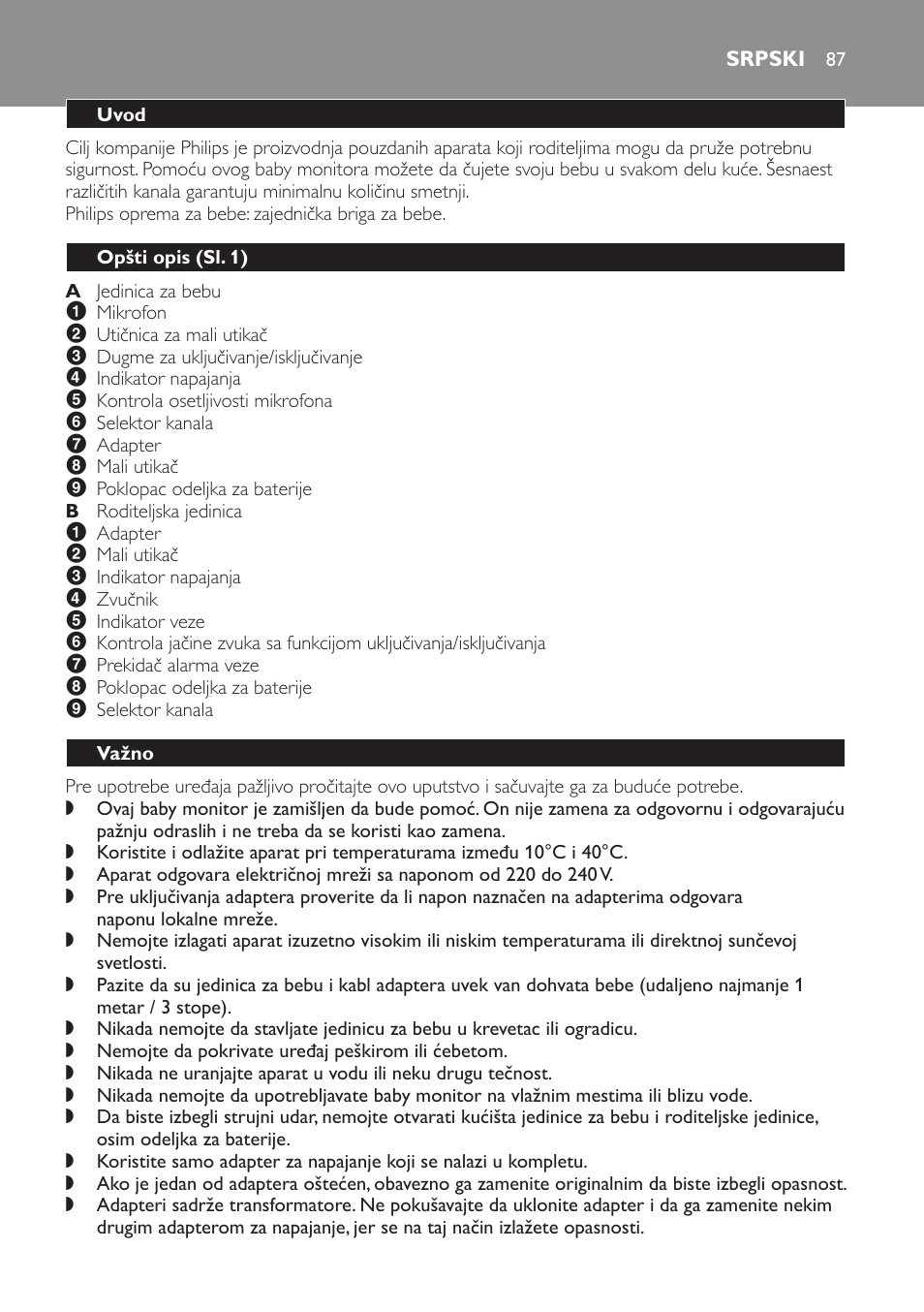 Srpski, Uvod, Opšti opis﻿ (sl. 1) | Važno | Philips SCX463 User Manual | Page 87 / 102