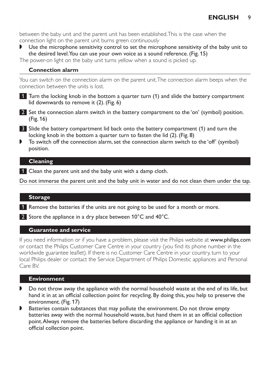 Microphone sensitivity control, Connection alarm, Cleaning | Storage, Guarantee and service, Environment | Philips SCX463 User Manual | Page 9 / 102