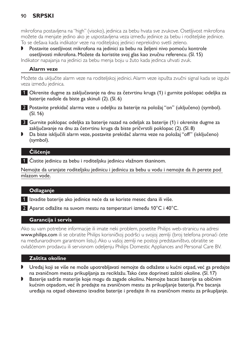 Alarm veze, Čišćenje, Odlaganje | Garancija i servis, Zaštita okoline, Najčešća pitanja | Philips SCX463 User Manual | Page 90 / 102