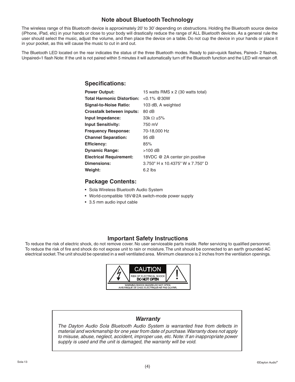 Important safety instructions, Warranty, Package contents | Specifications | Dayton Audio Sola Rosso Bluetooth Speaker Red User Manual | Page 4 / 4