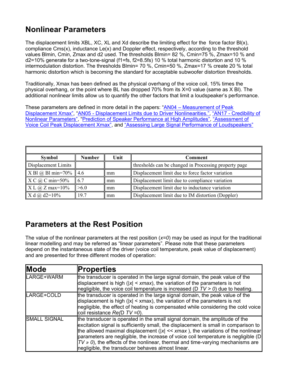 Nd90-4-5, Nonlinear parameters, Parameters at the rest position | Mode properties | Dayton Audio ND91-4 3-1 User Manual | Page 5 / 8