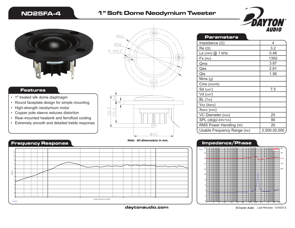 Dayton Audio ND25FA-4 1ԠSoft Dome Neodymium Tweeter 4 Ohm User Manual | 1 page