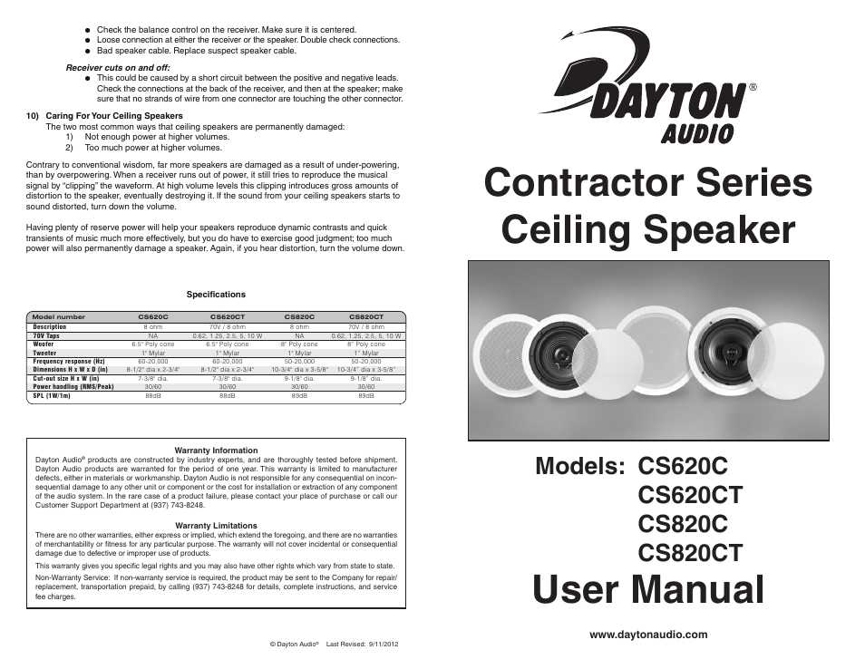 Dayton Audio CS820CT 8" 2-Way 70V Ceiling Speaker Pair User Manual | 2 pages