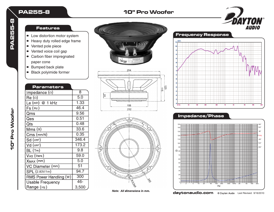 Dayton Audio PA255-8 10" Pro Woofer User Manual | 1 page