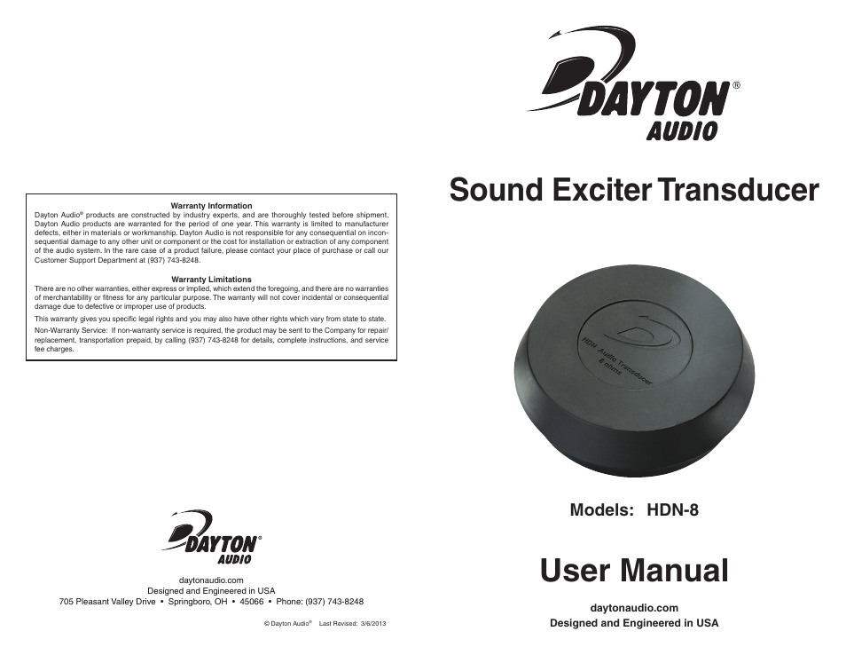 Dayton Audio HDN-8 Weatherproof Sound Exciter Transducer User Manual | 2 pages