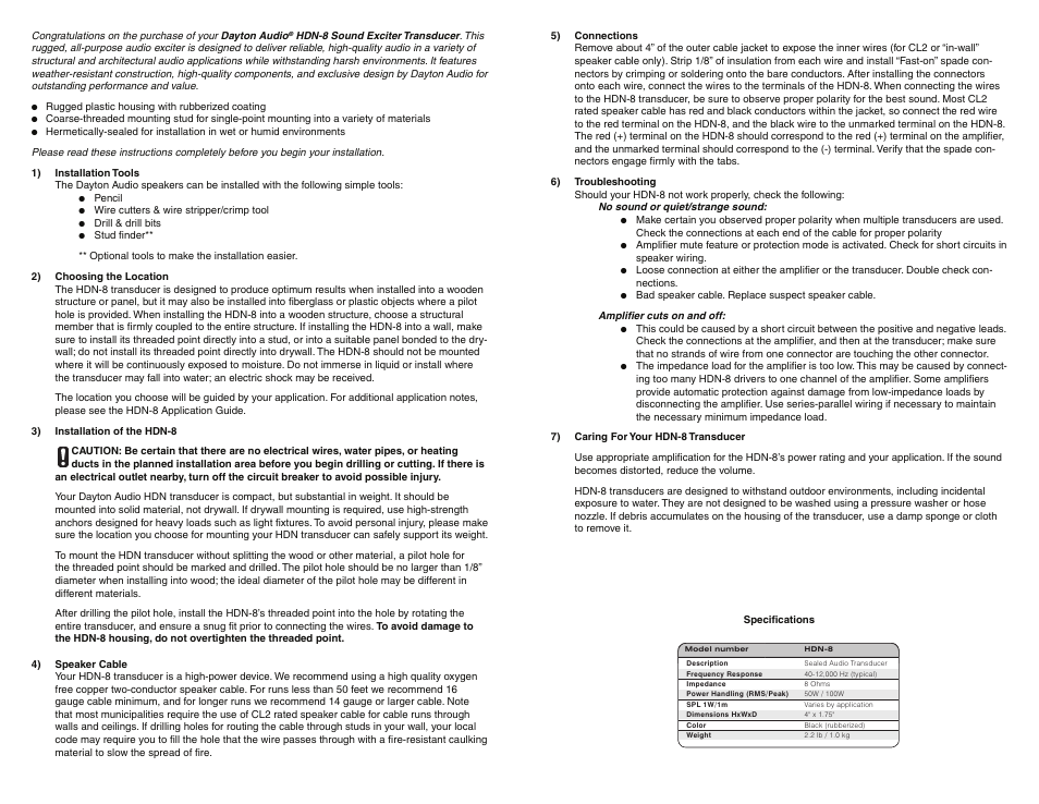 Dayton Audio HDN-8 Weatherproof Sound Exciter Transducer User Manual | Page 2 / 2