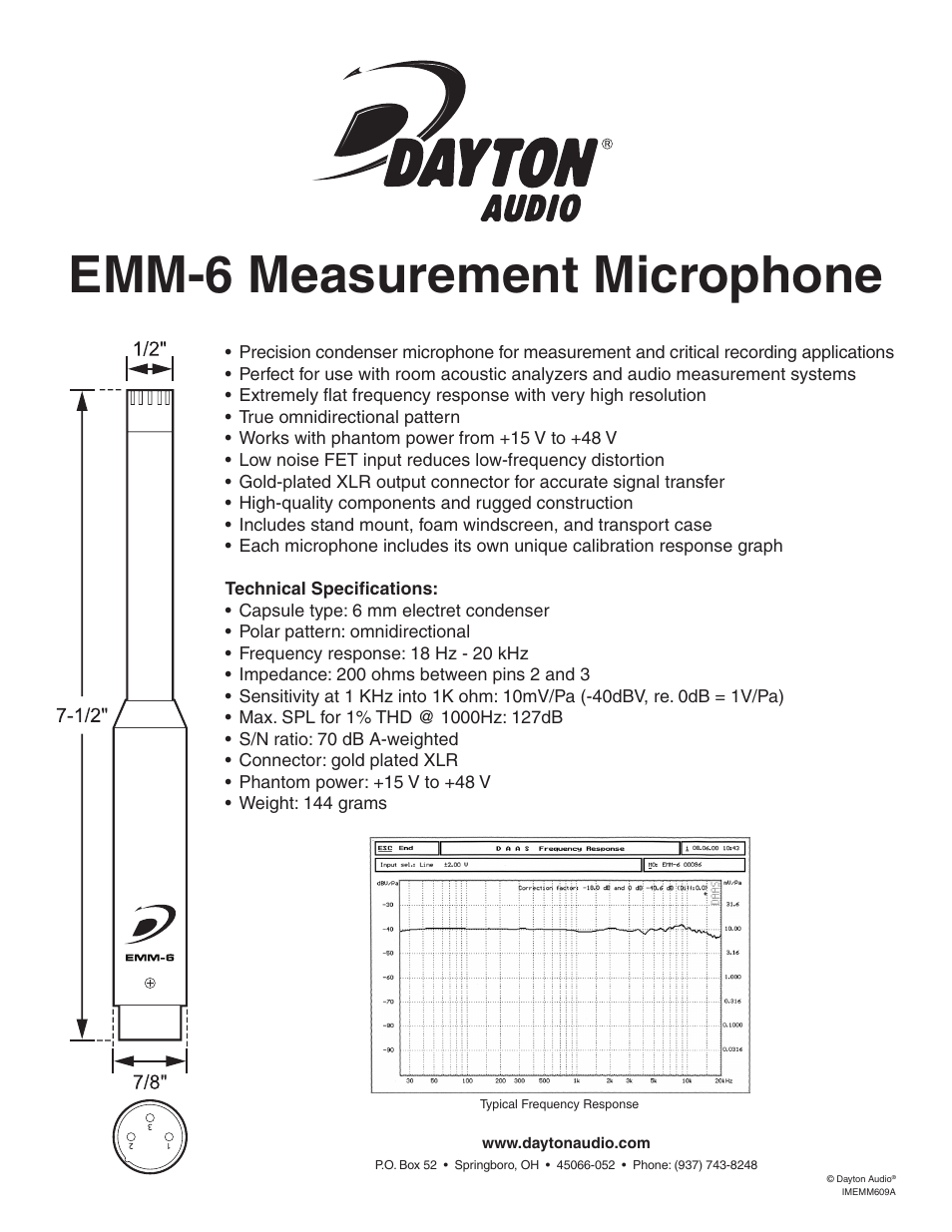 Dayton Audio EMM-6 Electret Measurement Microphone User Manual | 1 page