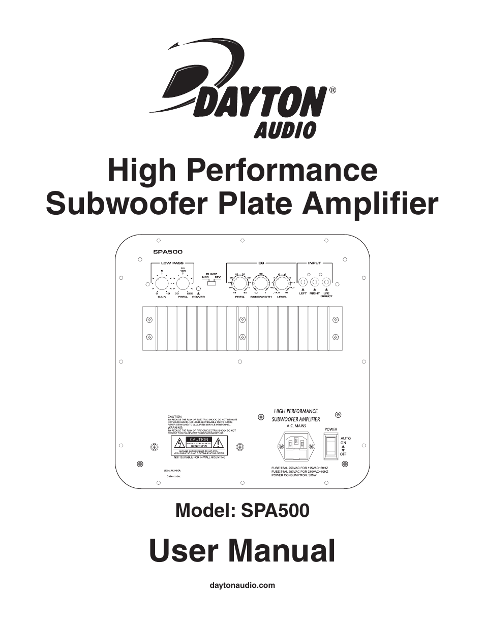 Dayton Audio SPA500 500W Subwoofer Plate Amplifier User Manual | 4 pages