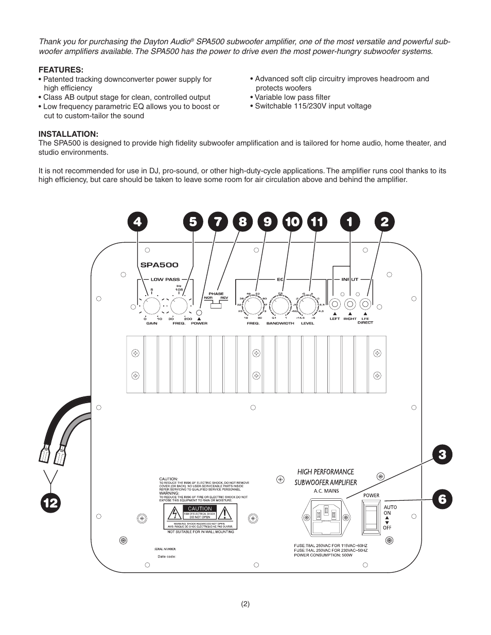 Dayton Audio SPA500 500W Subwoofer Plate Amplifier User Manual | Page 2 / 4