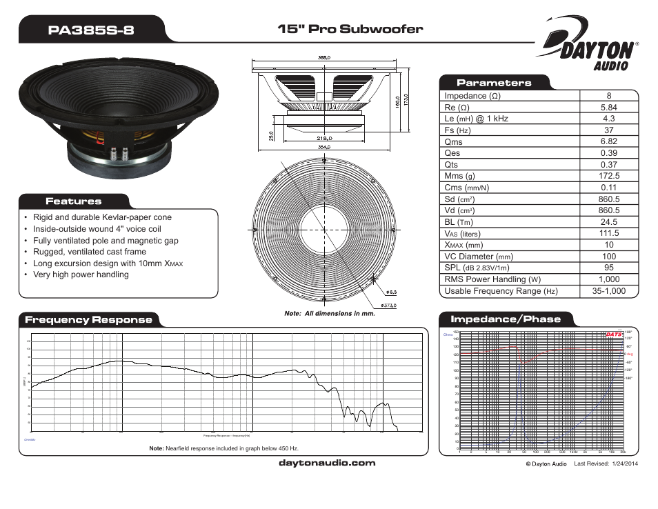 Dayton Audio PA385S-8 15" Pro Subwoofer 4 VC 8 Ohm" User Manual | 1 page