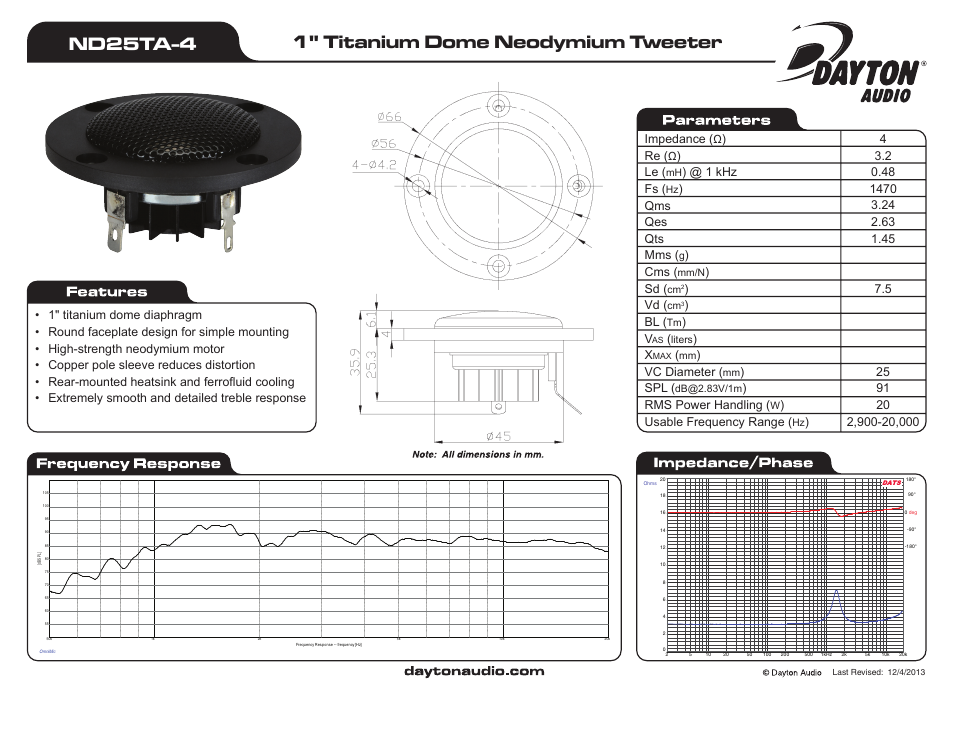 Dayton Audio ND25TA-4 1" Titanium Dome Neodymium Tweeter 4 Ohm User Manual | 1 page