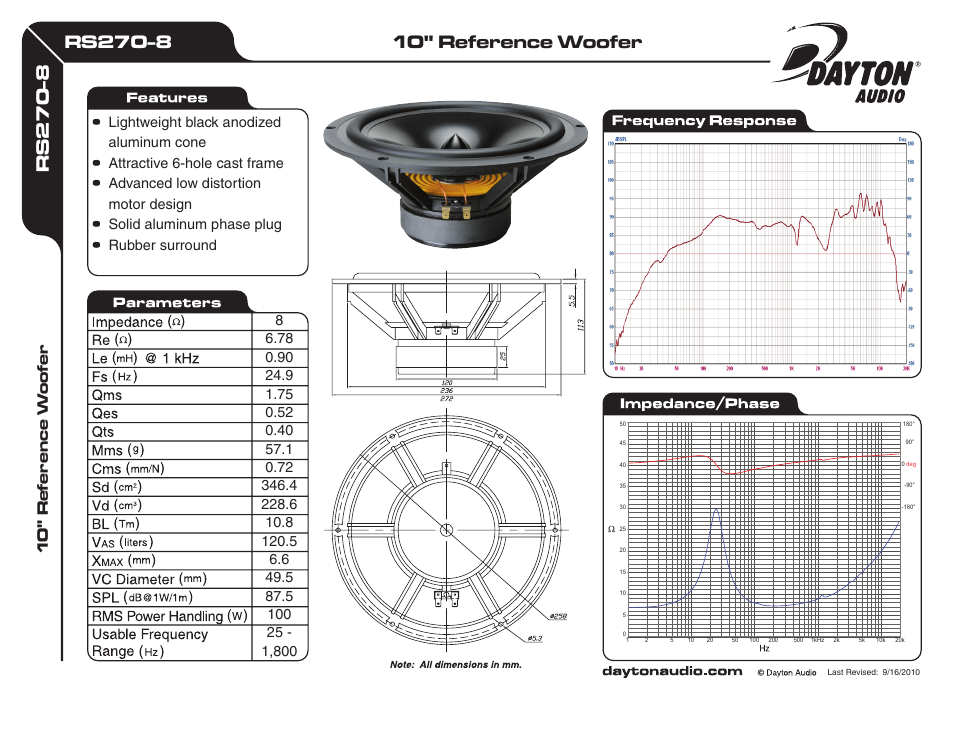 Dayton Audio RS270-8 10" Reference Woofer 8 Ohm User Manual | 1 page