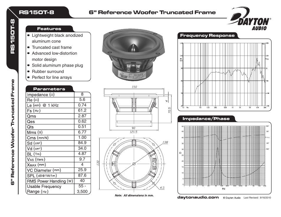 Dayton Audio RS150T-8 6" Reference Woofer Truncated Frame 8 Ohm User Manual | 1 page