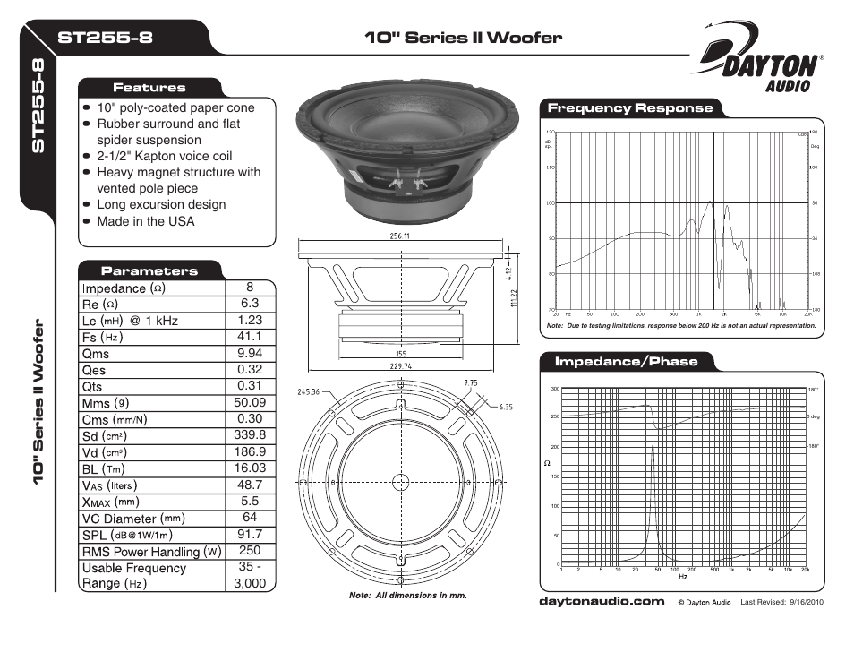 Dayton Audio ST255-8 10" Series II Woofer User Manual | 1 page