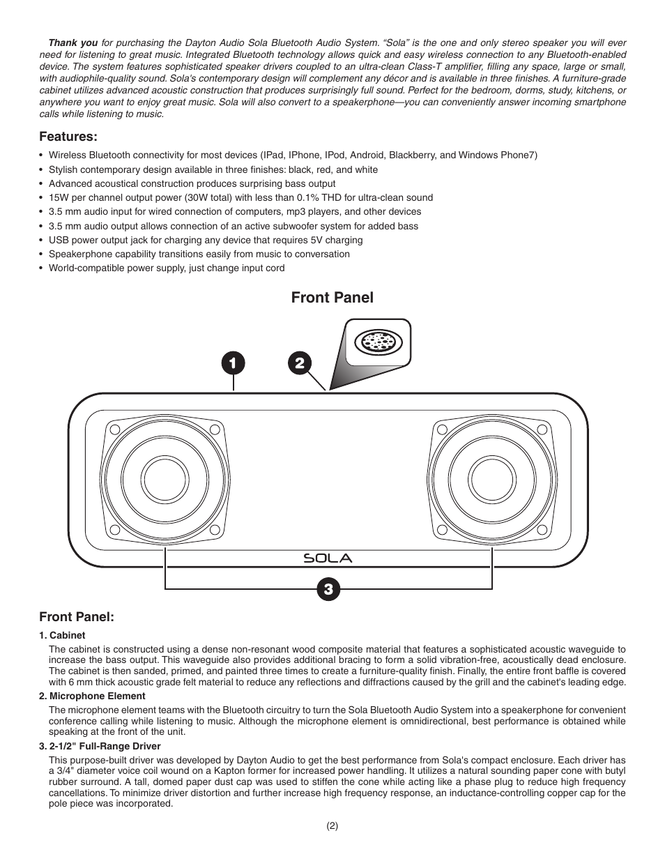 Front panel | Dayton Audio Sola Nero Bluetooth Speaker Black User Manual | Page 2 / 4