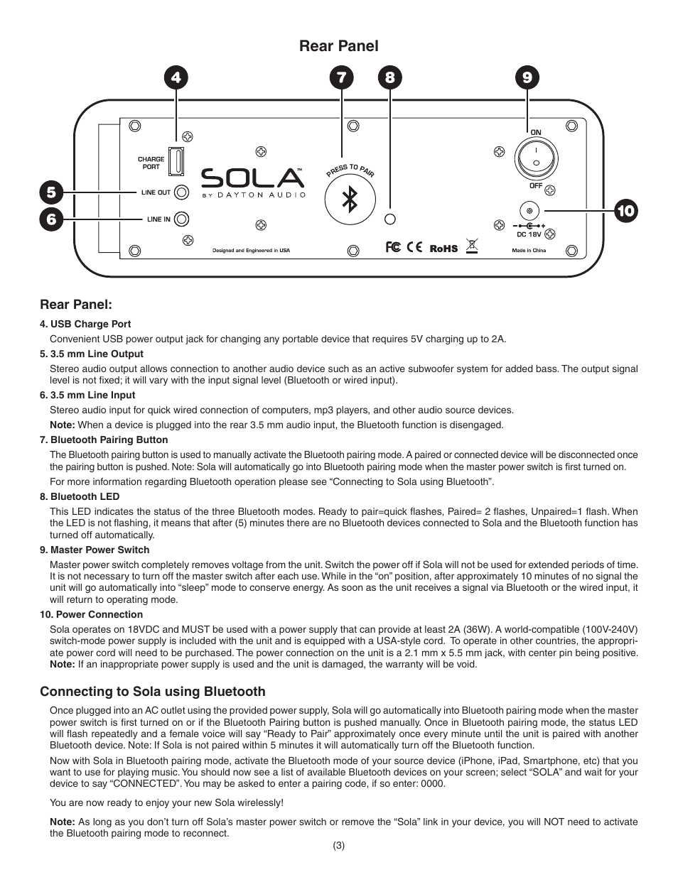 Rear panel | Dayton Audio Sola Nero Bluetooth Speaker Black User Manual | Page 3 / 4