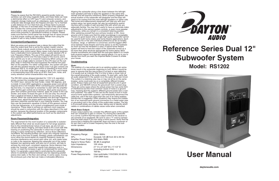 Dayton Audio RS1202K 1000 Watt Dual 12" Subwoofer Kit User Manual | 2 pages