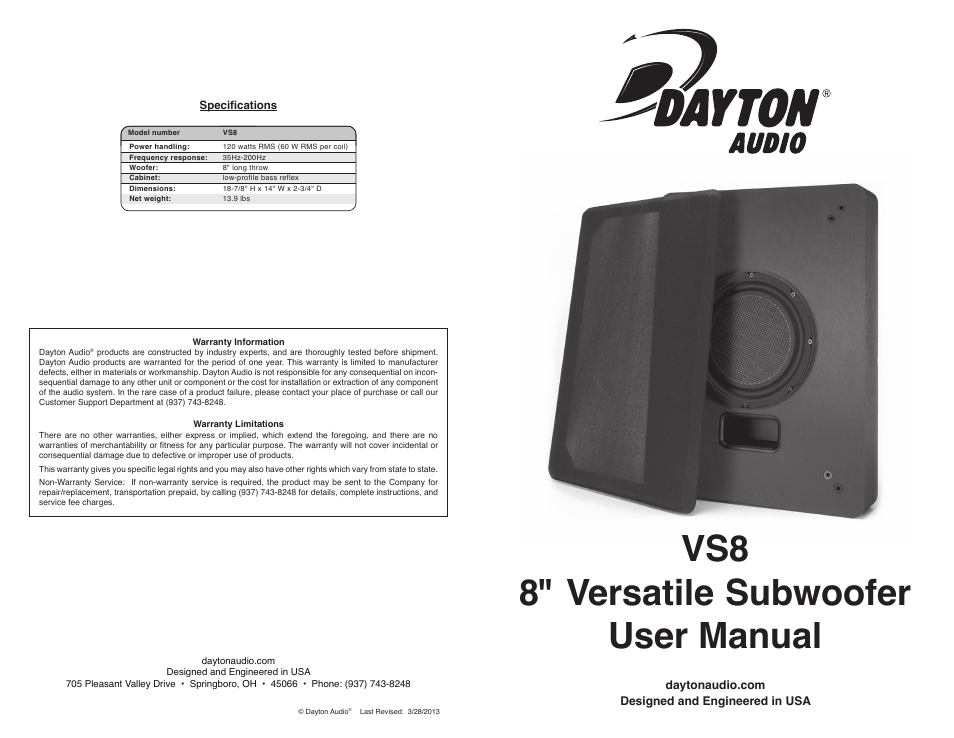 Dayton Audio VS8 8" Universal Low-Profile Subwoofer User Manual | 2 pages