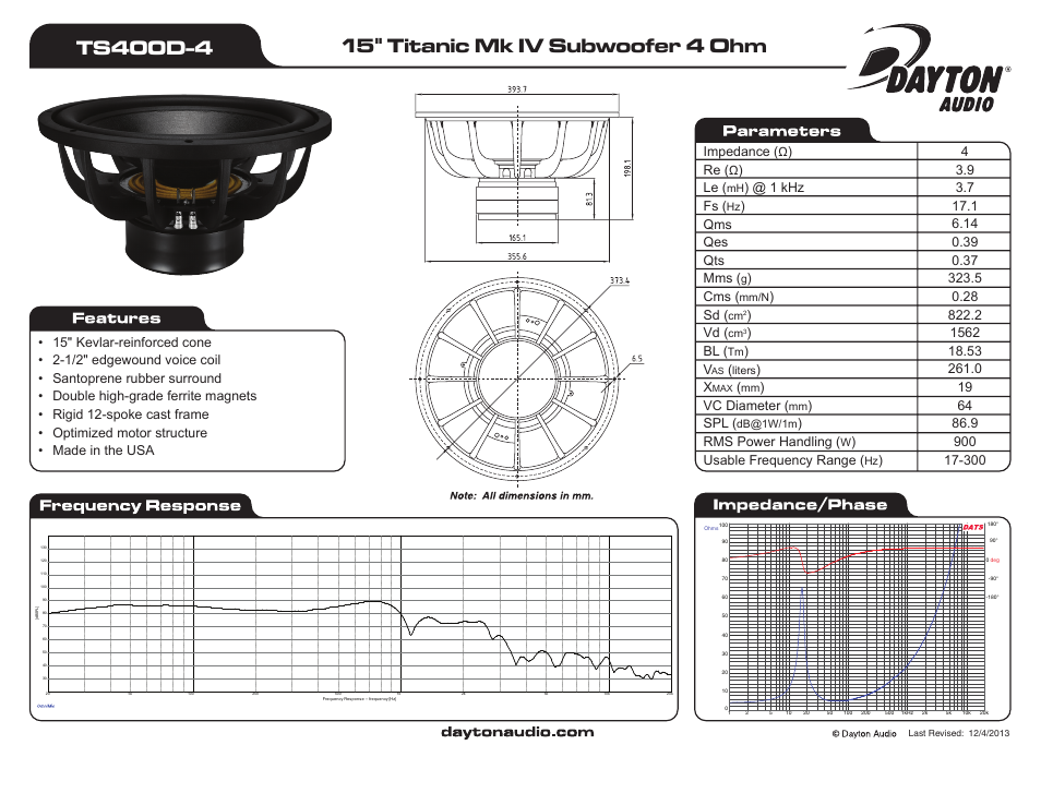 Dayton Audio TS400D-4 15" Titanic Mk 4 Subwoofer 4 Ohm User Manual | 1 page