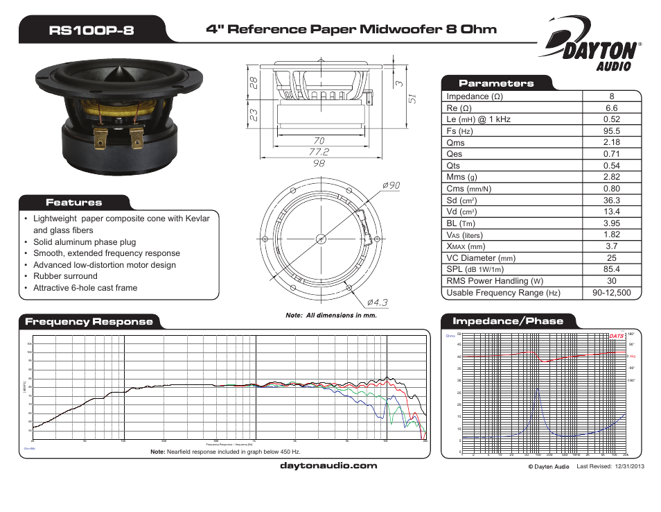 Dayton Audio RS100P-8 4" Reference Paper Midwoofer 8 Ohm User Manual | 1 page