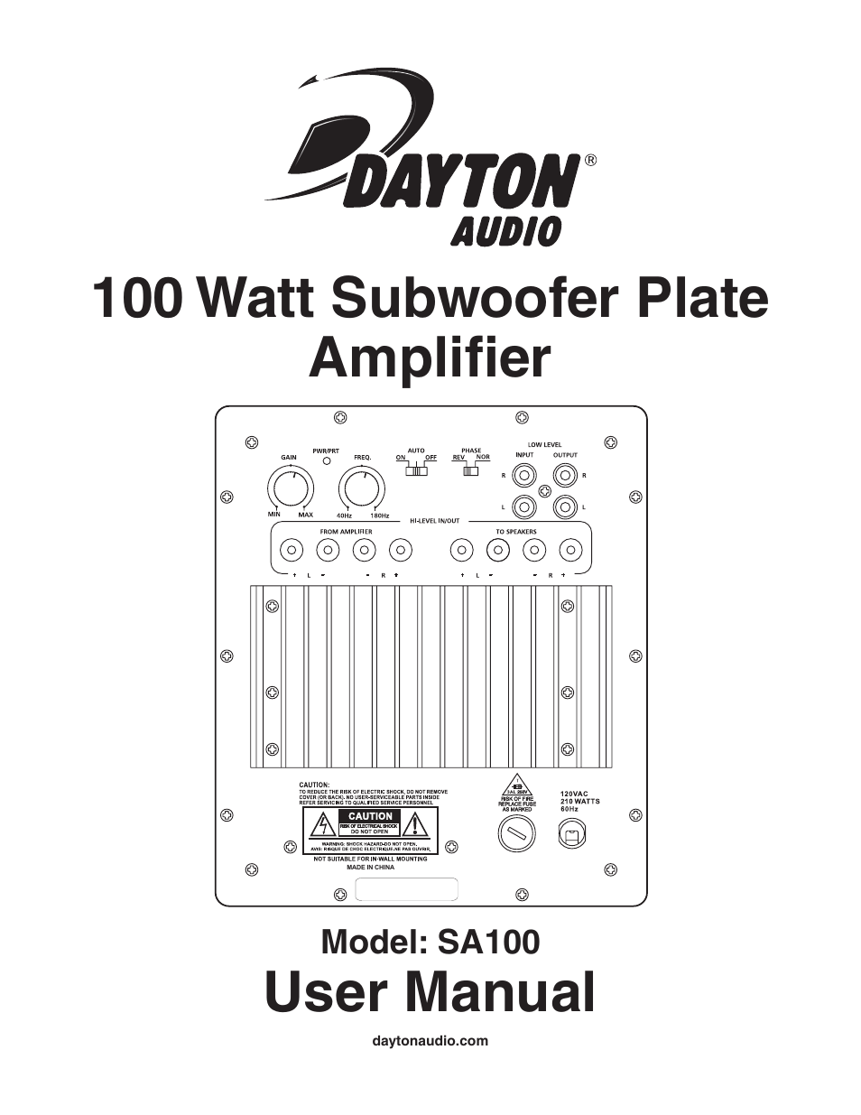 Dayton Audio SA100 100W Subwoofer Plate Amplifier User Manual | 4 pages