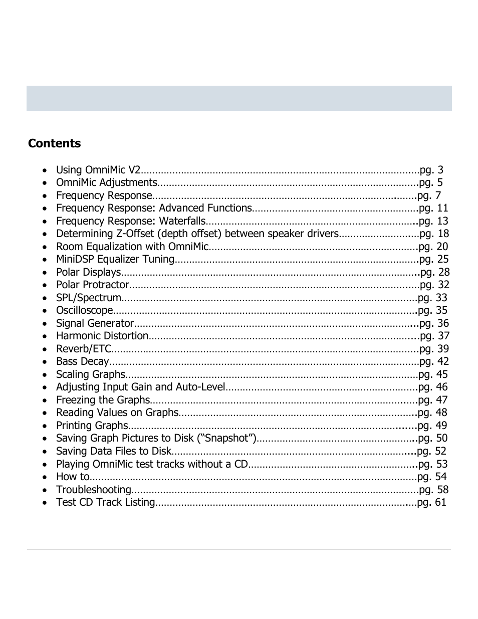 Index | Dayton Audio OmniMic V2 Precision Measurement System User Manual | Page 2 / 61