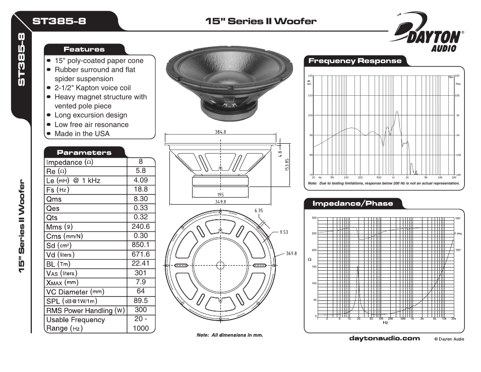 Dayton Audio ST385-8 15" Series II Woofer User Manual | 1 page