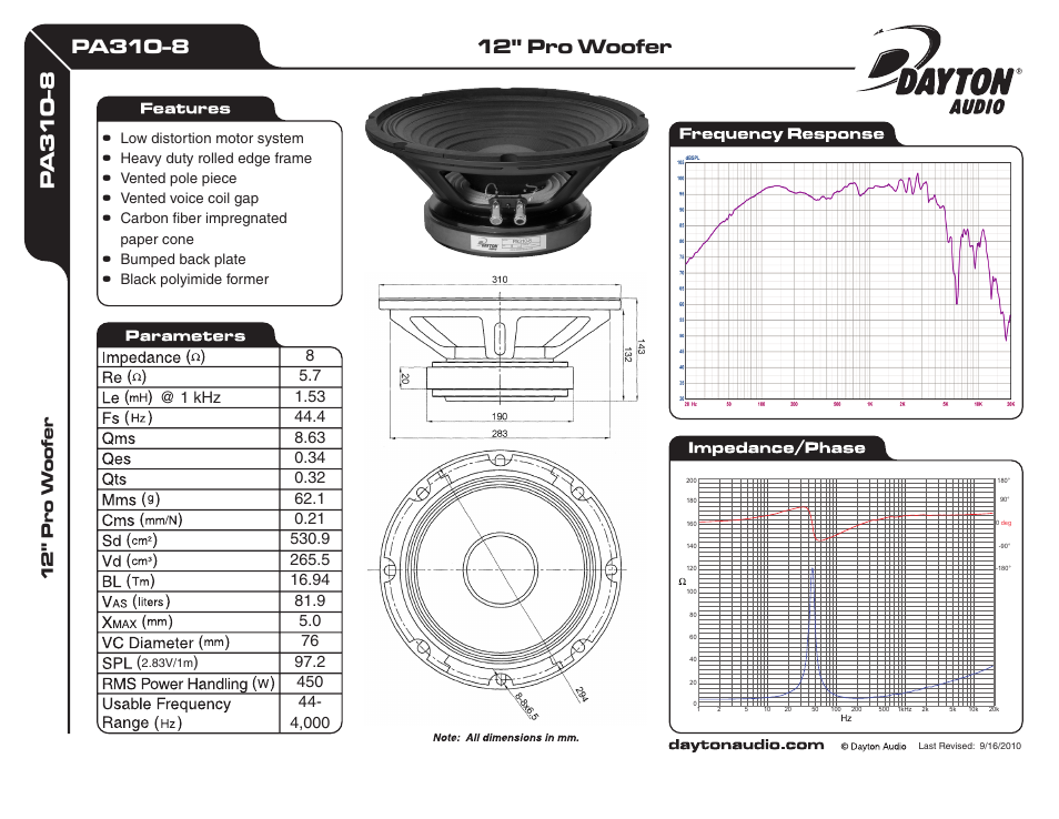 Dayton Audio PA310-8 12" Pro Woofer User Manual | 1 page