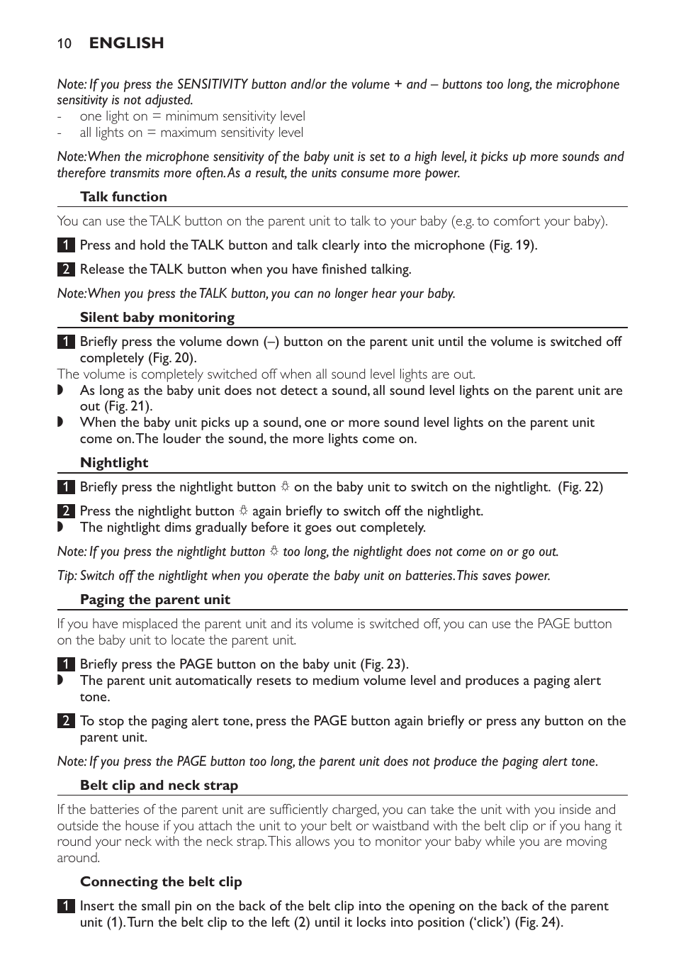 Talk function, Silent baby monitoring, Nightlight | Paging the parent unit, Belt clip and neck strap, Connecting the belt clip | Philips SCD498 User Manual | Page 10 / 160