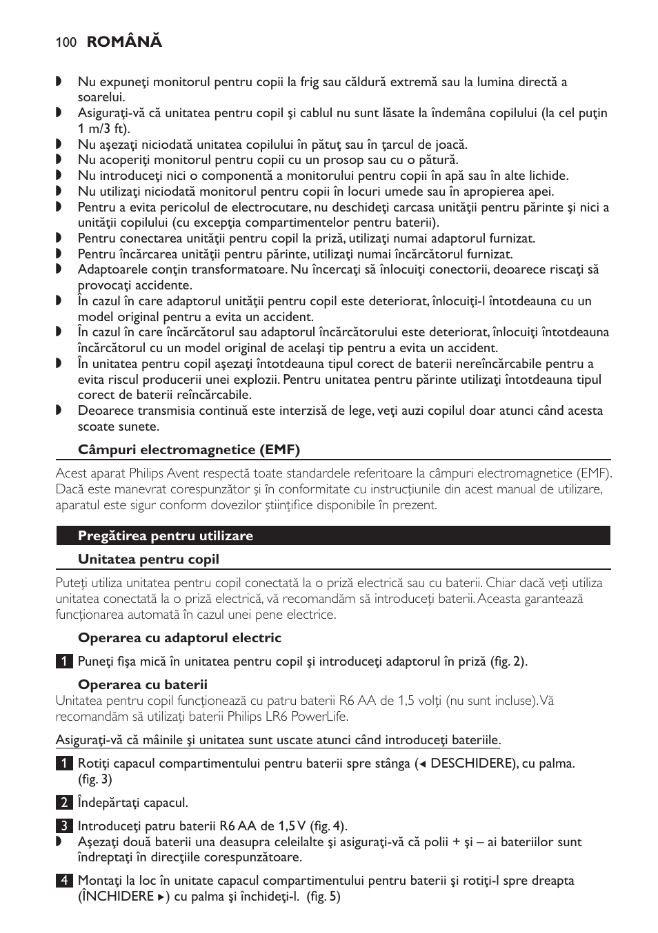 Câmpuri electromagnetice (emf), Pregătirea pentru utilizare, Unitatea pentru copil | Operarea cu adaptorul electric, Operarea cu baterii | Philips SCD498 User Manual | Page 100 / 160
