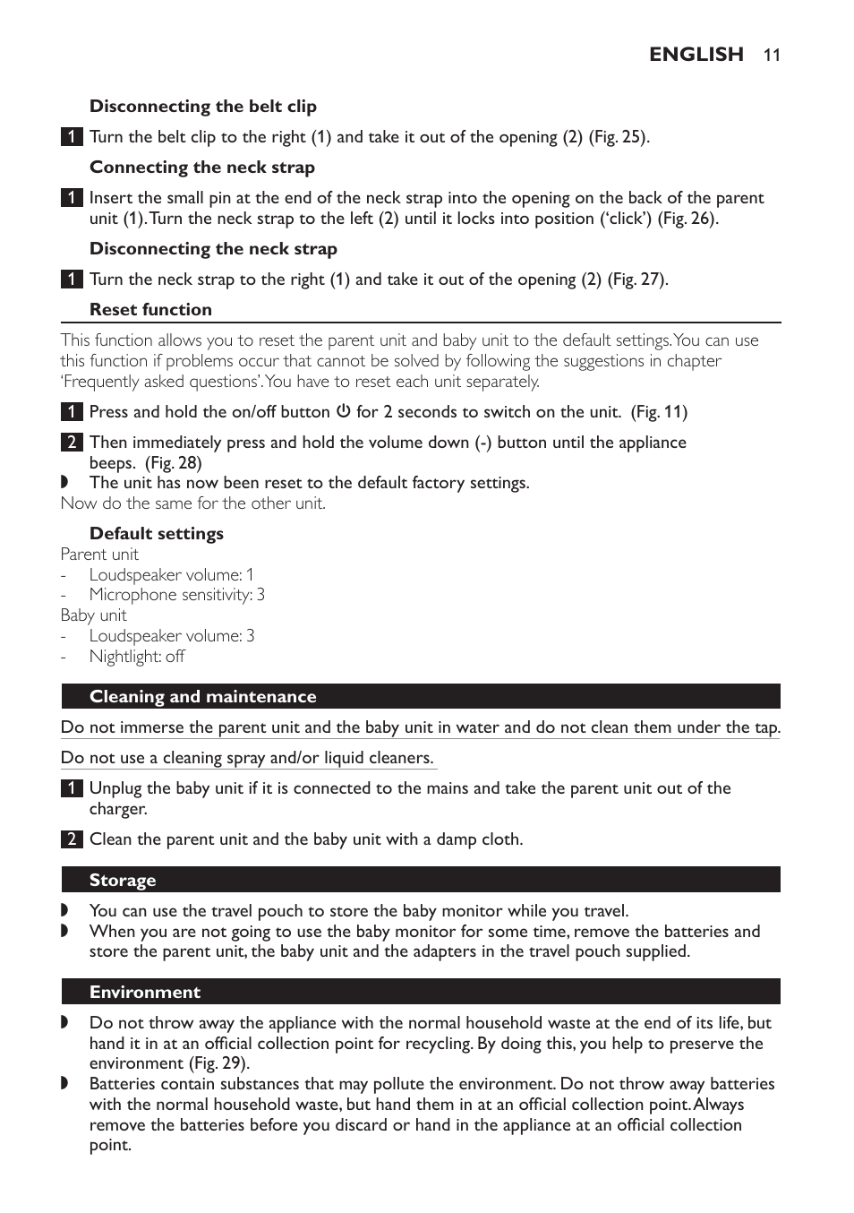 Disconnecting the belt clip, Connecting the neck strap, Disconnecting the neck strap | Reset function, Default settings, Cleaning and maintenance, Storage, Environment | Philips SCD498 User Manual | Page 11 / 160