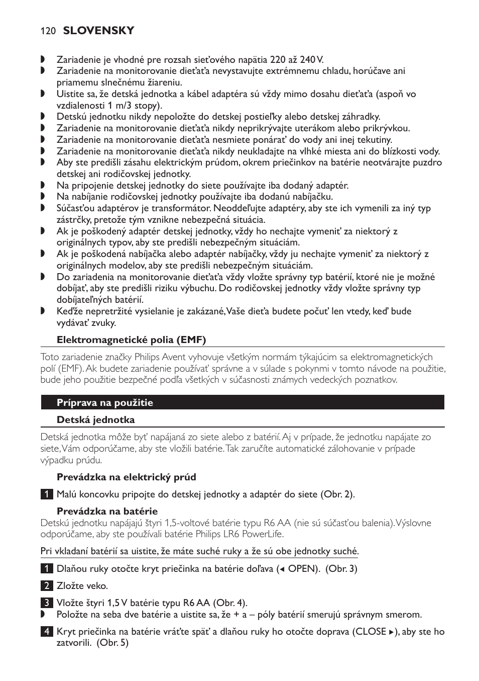 Elektromagnetické polia (emf), Príprava na použitie, Detská jednotka | Prevádzka na elektrický prúd, Prevádzka na batérie | Philips SCD498 User Manual | Page 120 / 160