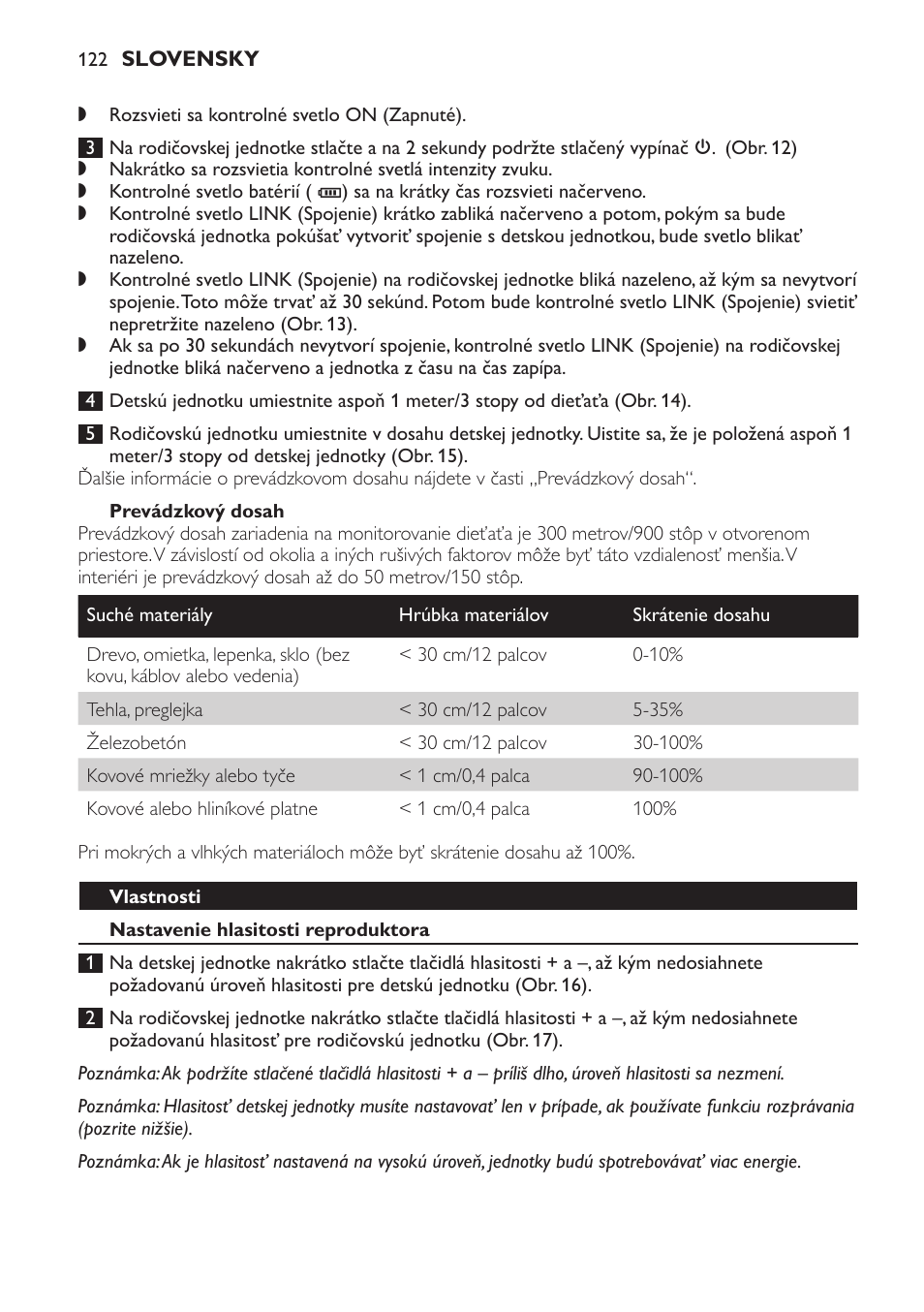 Prevádzkový dosah, Vlastnosti, Nastavenie hlasitosti reproduktora | Philips SCD498 User Manual | Page 122 / 160