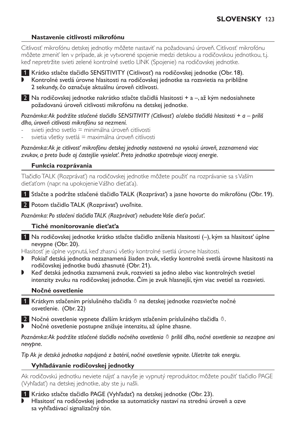 Nastavenie citlivosti mikrofónu, Funkcia rozprávania, Tiché monitorovanie dieťaťa | Nočné osvetlenie, Vyhľadávanie rodičovskej jednotky | Philips SCD498 User Manual | Page 123 / 160